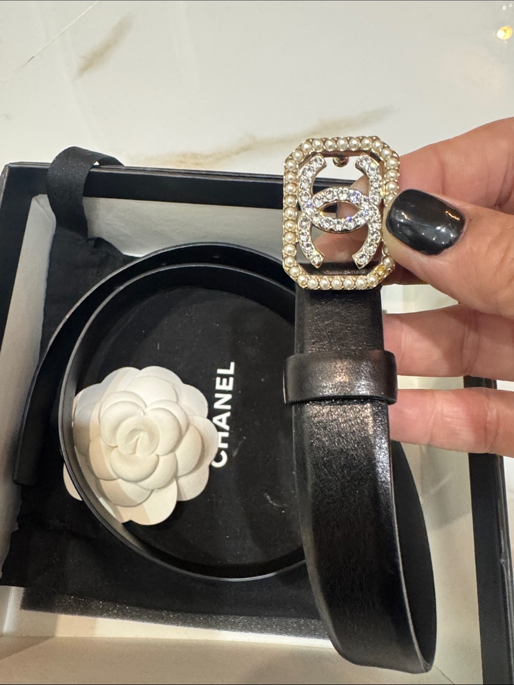 CHANEL Black Leather Belt with Pearl & Crystal CC Buckle